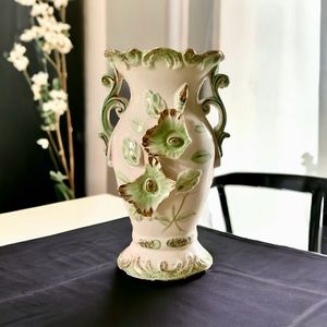 Relco Creation Japan Hand Painted Floral Vase Green White Dainty Vintage Accent